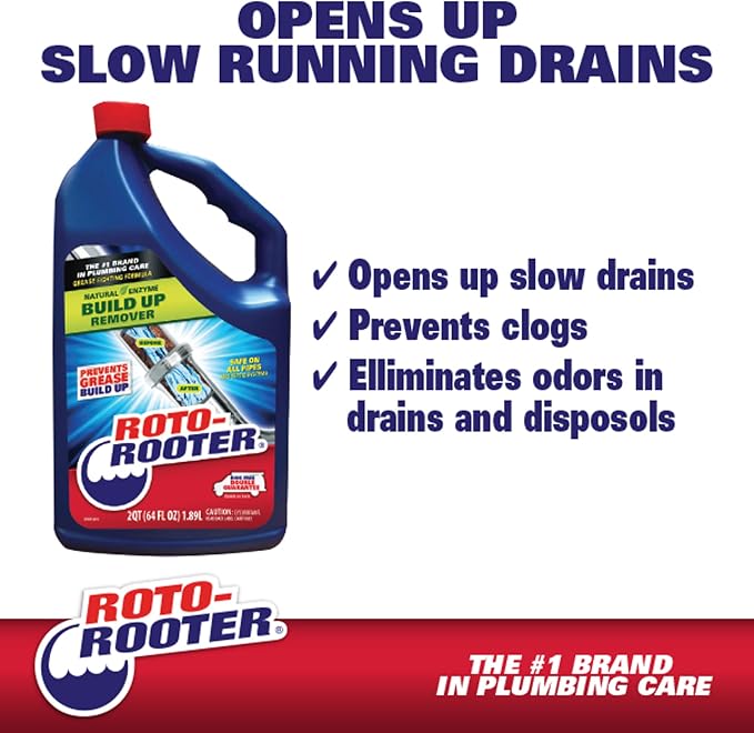 Roto-Rooter Build-Up Remover Drain Cleaner, Enzyme-Based Formula Helps Prevent Clogs and Grease Buildup, Removes Odor, Safe for Septic Systems, Pipes, Toilets, Drains and Sinks, 64 oz (Pack of 2)