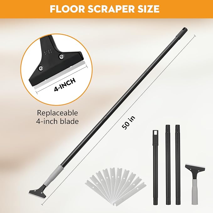 Luvenia Heavy Duty 4-Inch Razor Blade Floor Scraper, 50-Inch Long Handle | 10PCS Extra Metal Blades, Razor Scraper for Cleaning Glass, Windows, Showers, Tile, Ceilings