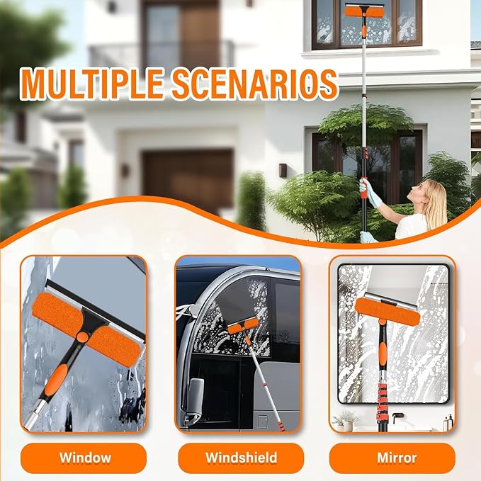 30FT Telescoping Window Squeegee Kit | 2-in-1 Window Washer & Microfiber Scrubber with Extension Pole | High Reach Cleaning Tool for Outdoor, Indoor Windows & Glass