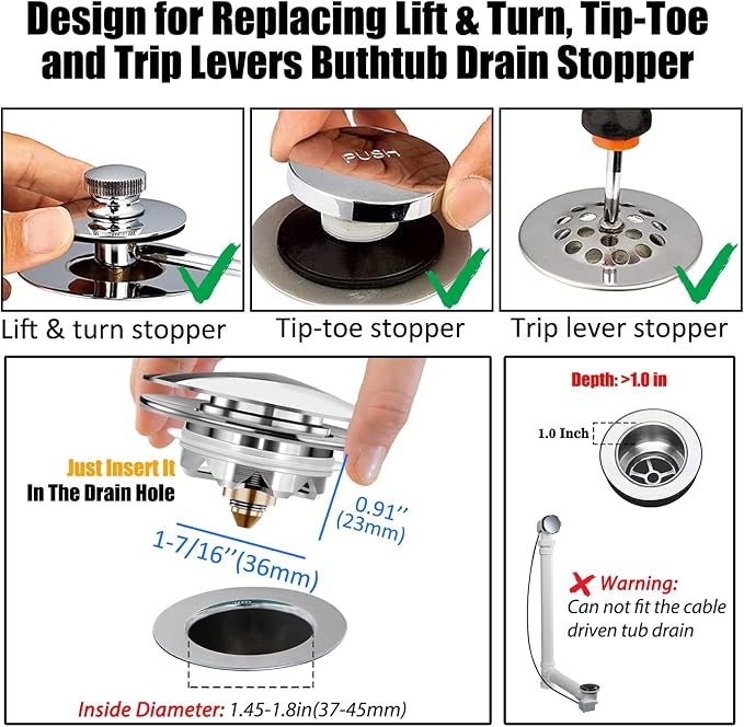 Anlige Bathtub Drain Stopper, Pop Up Tub Stopper and Cover, Bottom with Hair Catcher, Universal for 1.45 to 1.8 in Drain, Replaces Old Drain Plug, Chrome Silver