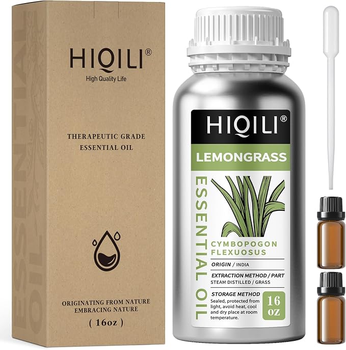 HIQILI Lemongrass Essential Oil for DIY Spray, Body Oil, Soap | Fresh Scent & Aromatherapy.Suitable for Hotel, DIY Studio, Beauty Salon, SPA, Sauna, Bath Center - 500mL / 16 fl oz