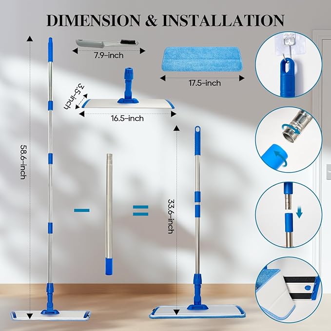 HONOVA 17.5" Microfiber Mop for Floor Cleaning, Blue Flat Floor Mop | 59" Stainless Steel Handle, 4 Reusable Washable Replacement Pads, Wet & Dry Use, for Hardwood Tile Laminate