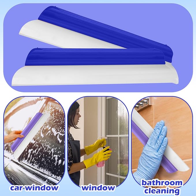 2 Pack 14 Inch Car Drying Squeegee Blue Silicone Window Blade | Flexible Silicone for Drying Windshield Shower Glass, Bathroom Window Cleaner, T-bar Design, Long Handle Wash Tool