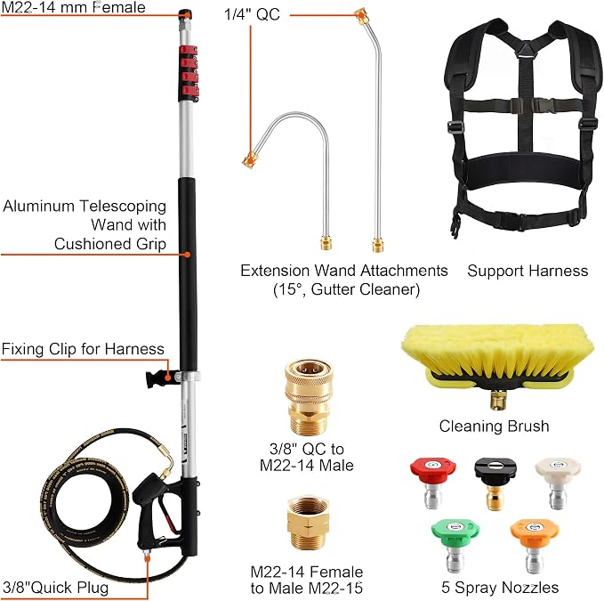 Telescoping Pressure Washer Wand 24 ft Pressure Washer Extension Wand 24 Feet Power Washer Extension Wand Aluminum with Brush Head,Gutter Cleaner, 5 Spray Nozzle Tips, 2 Hose Adapters, Support Belt