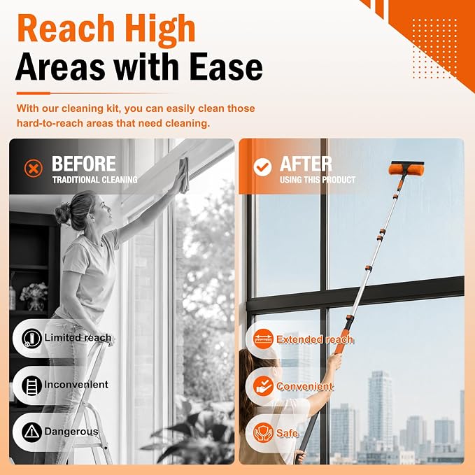 LAANPOLE 30FT High Reach Duster Cleaning Kit with Extension Pole, High Ceiling Fan Cleaner Duster Tool for Fan Blades, Window Washing Kit with Microfiber Feather Duster & Window Squeegee