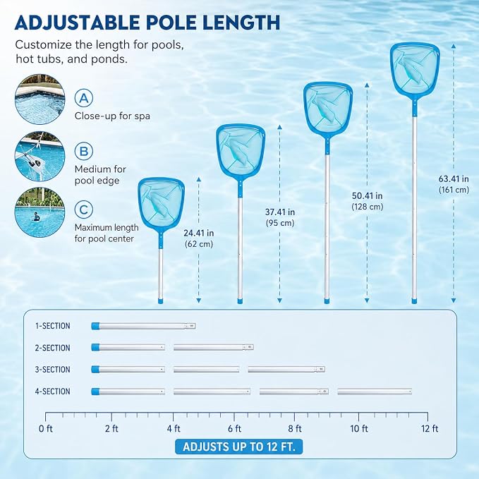 Pool Mesh Skimmer Net with Adjustable Aluminum Pole, Fine Leaf Skimmer for Above Ground & Inground Pools, Hot Tub, Spa & Pond, Pool Cleaner for Leaves, Bugs and Debris Easily Catches Leaves