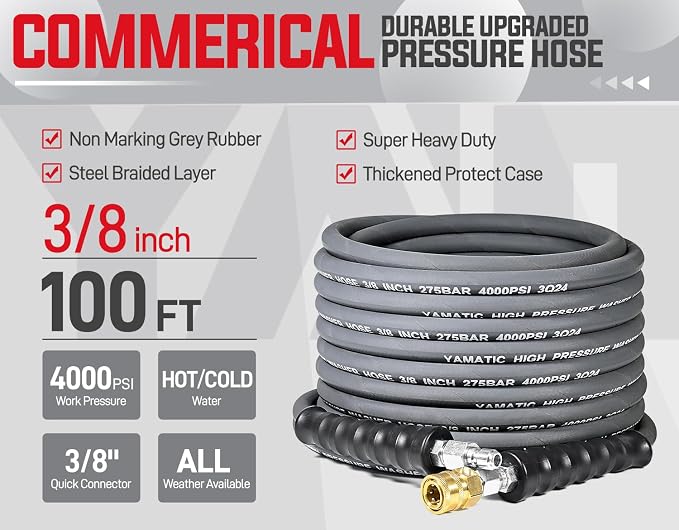 YAMATIC 3/8" ID Pressure Washer Hose 100 FT, 4000 PSI, Kink-Resistant 3/8Inch Swivel Quick Connect, Non-Marking Rubber Jacket, Steel Wire Braided, Hot Water 212°F Replacement Power Washer Hose