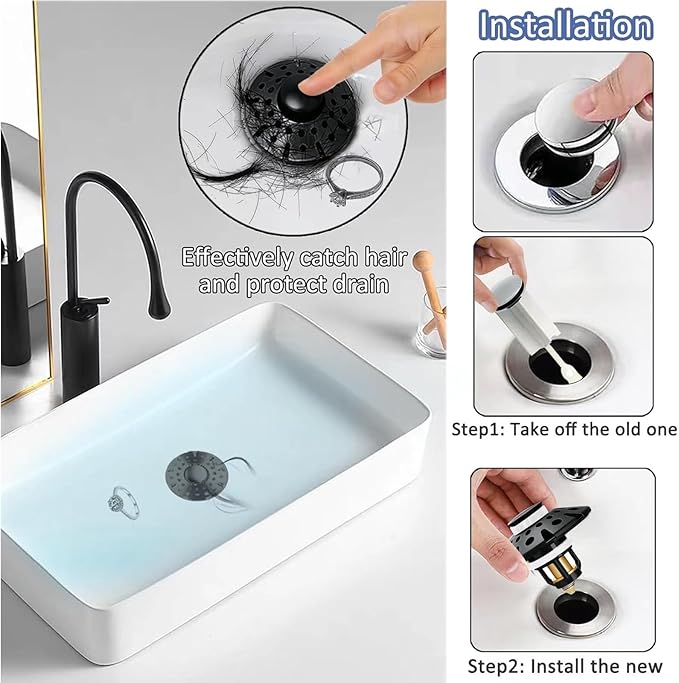 AzWzz Bathroom Sink Drain Strainer, 3 in 1 Pop Up Bathroom Sink Stopper Plug with Hair Catcher Cover, Universal for 1.06 in to 1.6 in Sink Drain, Matte Black