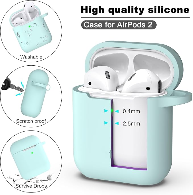 R-fun for AirPods 1/2 Case, Soft Silicone Protective Cover with Keychain and Cleaning Pen, Compatible with AirPods 2nd/1st Generation (2016/2019), Full Drop Protection Cover, Turquoise
