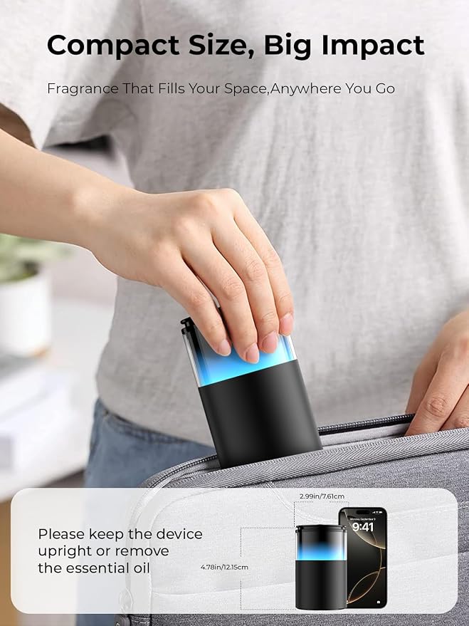 Waterless Essential Oil Diffuser: 𝟗-𝐂𝐨𝐥𝐨𝐫 𝐋𝐄𝐃 for Home | Portable Scent Diffuser - No Water No Heat For Pure Aroma - 48H Battery 3 Mist Levels & 4 Timers for Car Office