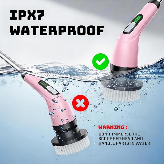 Highyes Electric Spin Scrubber for Bathroom, Upgrated Powerful IPX7 Waterproof Shower Scrubber with Extendable Long Handle A10D (Pink) | IPX7 Waterproof Shower Scrubber with Extendable Long Handle，Bathroom Cleaning Scrubber with 7 Reusable Brush Heads