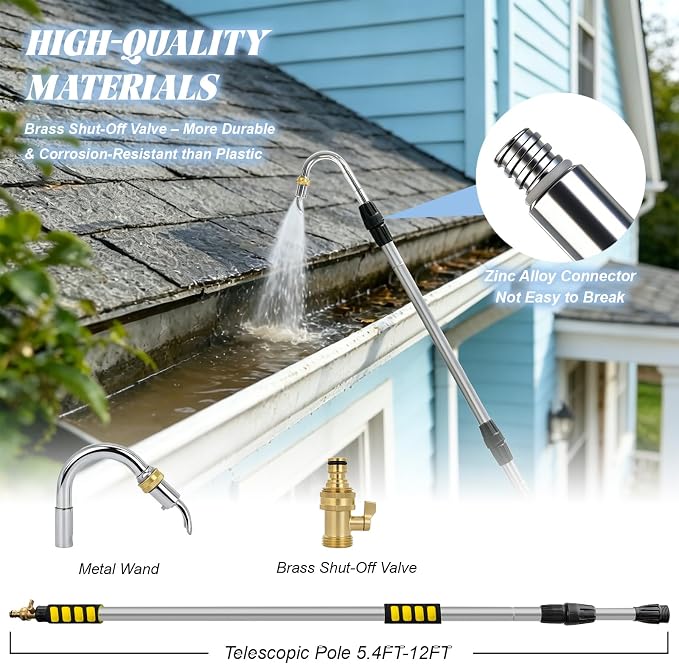 2-IN-1 20FT Reach Gutter Cleaning Tools, 12FT Telescoping Gutter Cleaning Tool with Bendable Wand & Curved Wand, 360° Rotating Nozzle, Adjustable Spray Patterns, Hose Attachment for Garden, Car Wash