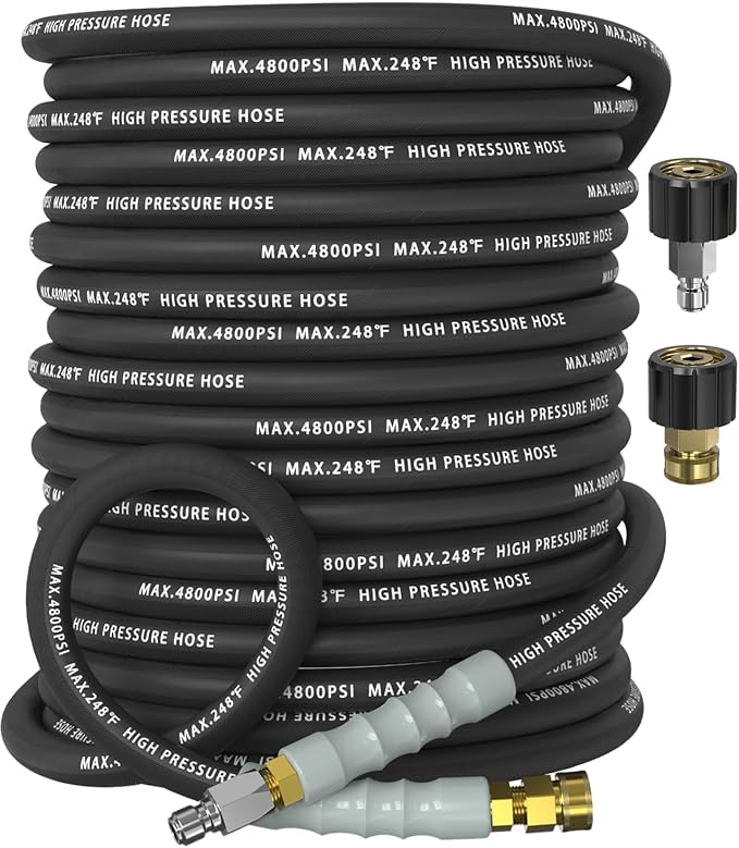 3/8" Pressure Washer Hose 100FT 4800 PSI, Kink Resistant Steel Braided Layer & NonMarking Rubber for Hot/Cold Water, High Power Washer Hose With 3/8 Inch Quick Connect & M22 Fitting, Black