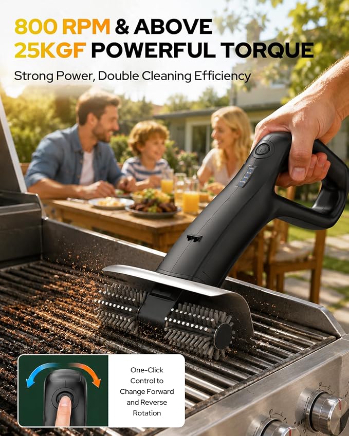 Cordless Electric Grill Brush, BBQ Grill Cleaner with 800RPM High-Speed Motor, 25kgf High Torque, 3500mAh Rechargeable Battery, 180-Min Runtime, 2 Replaceable Brush Heads, LED Light & Scraper