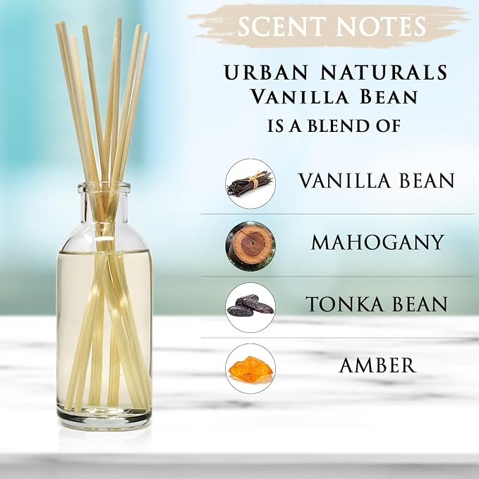 Reed Diffuser Set, Vanilla Bean - Bathroom Shelf Décor | Scented Oil, Vanilla Cream, Amber & Sweet Tonka Bean, Made in the USA