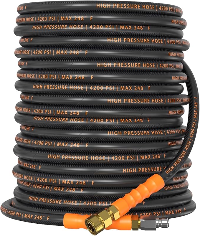 Pressure Washer Hose 100 ft, 4200 PSI Steel-Braided & Durable - Flexible & Kink-Resistant, Power Washer Hose with 3/8" Swivel Quick Connect, Hot/Cold Water Compatible - 100 Foot, Black