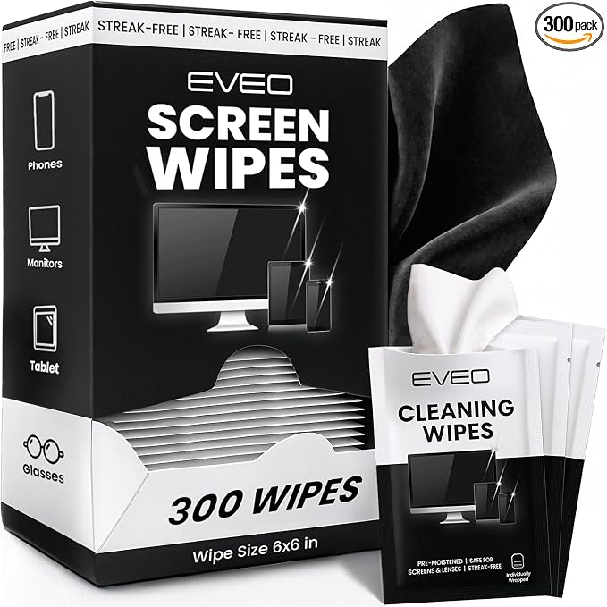 EVEO Screen Wipes - Electronic Wipes, Computer Screen Cleaner Wipes for Electronics | Computer Screen Wipes Phone Wipes & Lens Wipes for PC, Laptop, Phone, Car & More - Microfiber Included (300 Pack)