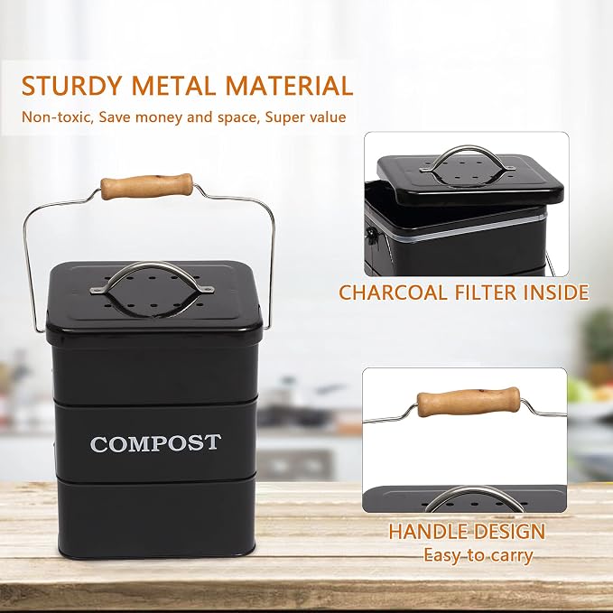 Compost Bin Kitchen Countertop Indoor Compost Pail Bucket, Great for Food Scraps, Carbon Steel, Handles, Black, 1 Gallon - Includes Charcoal Filter