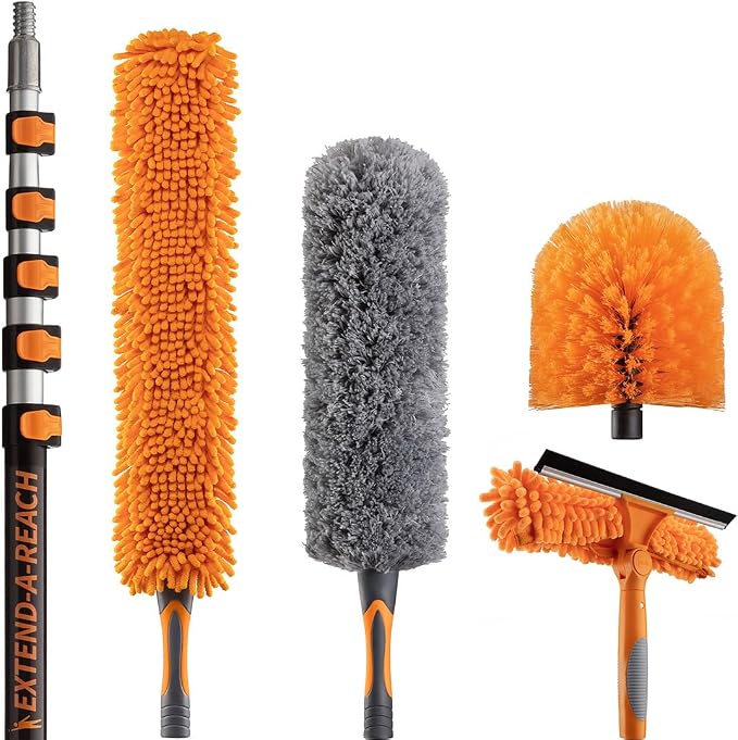 30 Foot High Reach Duster Kit with 5-24 ft Extension Pole for Cleaning | High Ceiling Dusting & Window Cleaning Kit with Telescopic Pole, Window Washer Squeegee, Cobweb Duster, Fan & Feather Dusters