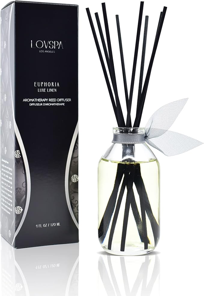 Reed Diffuser Set - Euphoria Luxe Linen Scented Diffuser with Sticks | Home Fragrance Reed Diffuser for Bedroom, Bathroom Shelf Décor, Beautiful Sparkly Gems in the Bottle - Made in the USA