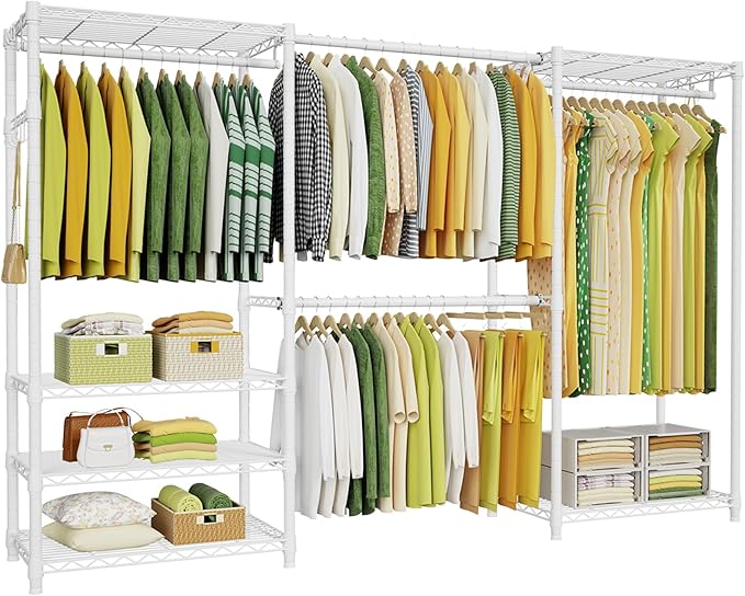 Ulif E1 Heavy Duty Closet Garment Rack, 6 Tiers Adjustable Metal Freestanding Expandable Clothing Storage with 4 Hanger Rods, Easy to Assemble Wardrobe, 71.4" H x (70" - 88.2") L x 14" D, White