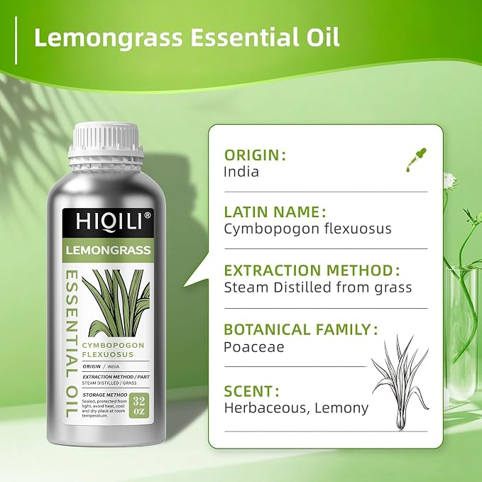 HIQILI Lemongrass Essential Oil Large Capacity for Body Massage | Crisp Herb Scent for Diffuser, DIY Blends, SPA, Scent Spray, Skin Blends, Shampoo & Lotion - 1000 mL / 32 fl oz