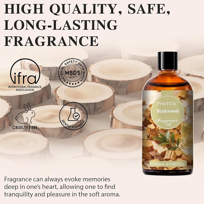 PHATOIL Teakwood Fragrance Oil for Diffuser Aromatherapy 3.38FL.OZ | Long Lasting Scented Oils For Humidifier, Air Freshener, DIY Soap Candle, Scent Project Making, Aroma Oil for Home Freshening