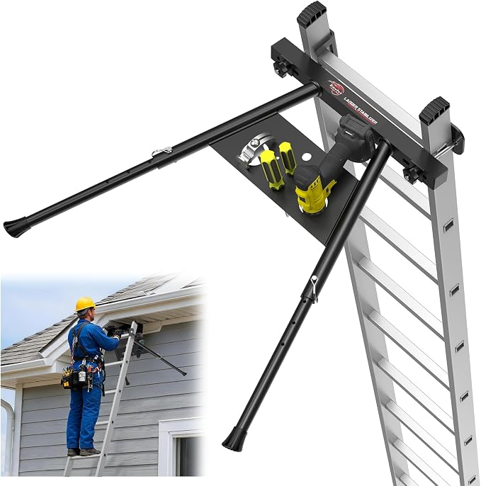 Extension Ladder Stabilizer, Extended Ladder Standoff with Tool Tray | Lightweight Aluminum Ladder Accessory for Roof Gutters, Walls ＆ Windows, Anti-Slip Rubber Feet, Adjustable Length 22 - 29.5"