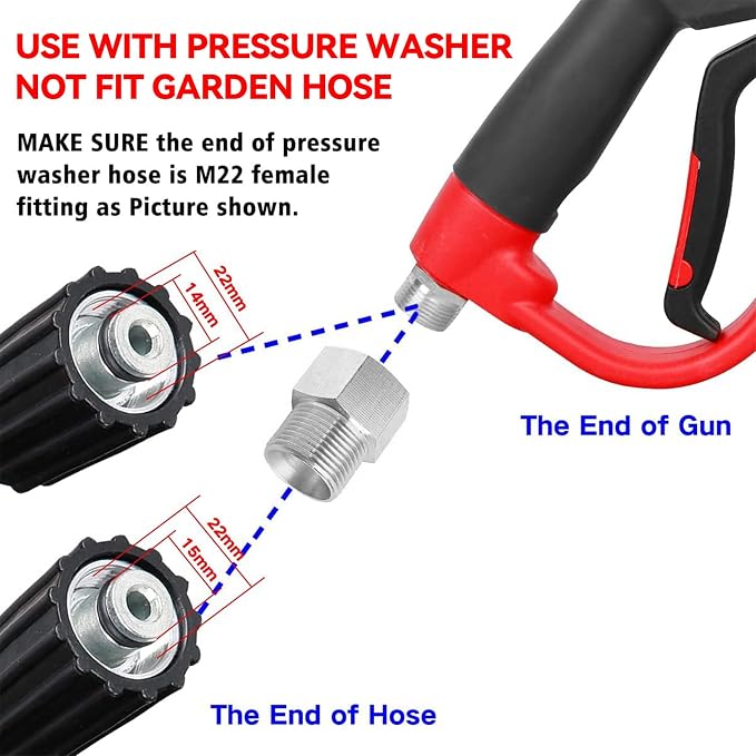 Upgraded Pressure Washer Gun with Extension Replacement Wand, M22 Fitting,7 Inch 30 Degree Curved Rod, 5 Nozzle Tips, 5000 PSI, 47 Inch