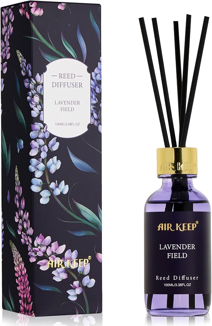 Reed Diffuser Set, 3.38 fl oz (100 ml) - Lavender Field Oil Diffusers with 8 Reed Sticks, Home Fragrance Reed Diffuser for Bathroom Shelf Decor