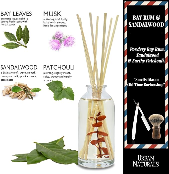 Reed Diffuser Set, Bay Rum & Sandalwood - Bathroom Décor | Powdery Bay Rum, Earthy Patchouli & Musk, A bold, spicy, Masculine scent