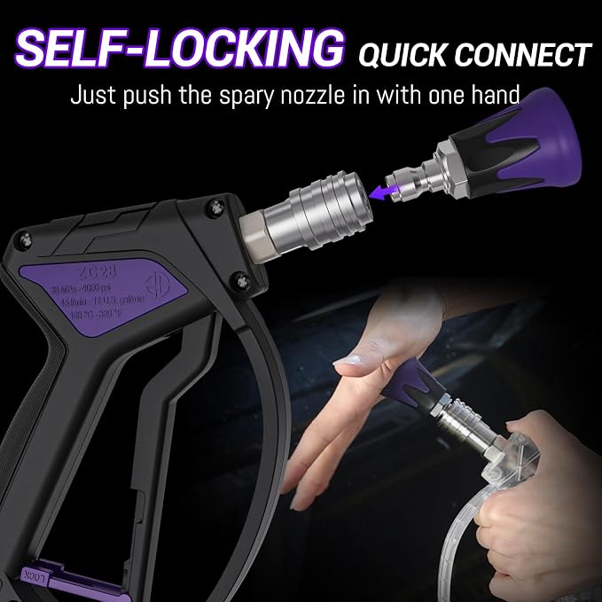 Short Pressure Washer Gun, Swivel Power Washer Gun 4060 PSI, Stubby Pressure Washer Gun with 3/8" Smooth & 1/4" Quick Connector Coupler Compatible with Hose Foam Cannon Car Wash Foam Gun（Black purple）