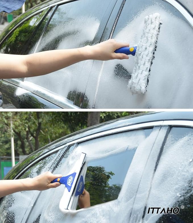 81" Window Squeegee Cleaner, Window Cleaning Tool Kit,12" Squeegee and 11" Microfiber Scrubber Combi with Stainless Steel Pole for Car,Sliding Door,Shower Glass Door-Swivel Style-2 Pads