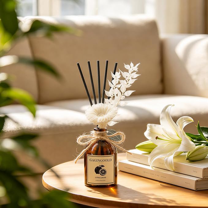 Reed Diffuser Set, Citrus Grove Scent Diffuser with 10 Sticks & Decorative Flower, Long Lasting Diffusers for Home Fragrance, Vintage Decor for Bathroom Bedroom Office Shelf, 5 Fl.oz