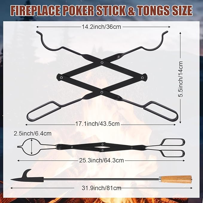 Patelai 7 Pcs Heavy Duty Fireplace Tool with 1.5gl Metal Ash Bucket with Lid Shovel Broom Wood Fire Pit Bellows 32" Long Fire Poker 26" Fireplace Tong, Glove(No Storage)