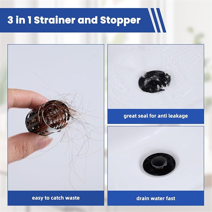 2PCS Universal Bathroom Sink Drain Strainer Hair Catcher, Matte Black | Upgraded with Removable Stainless Steel Filter Basket, 3 in 1 Pop Up Sink Stopper for 1.1''~2.36'' Sink Basin Hole