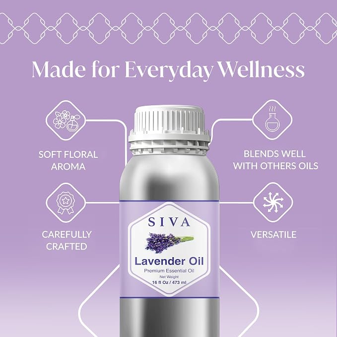 Siva Lavender Essential Oil, Huge Bottle, Large Size, 16 Fl Oz (473 ml) | Lavender Oil for Diffuser, Humidifier, Linen Spray, Skin Care, Hair Care, Body Massage, Soap, Candle, Bath Salt & DIY Blends