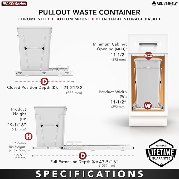 Rev-A-Shelf Pullout Trash Can for Under Kitchen Cabinets 35 Qt Garbage Waste Recyling Bin with Full Extension Slides, Blue, RV-12KD-22C-S