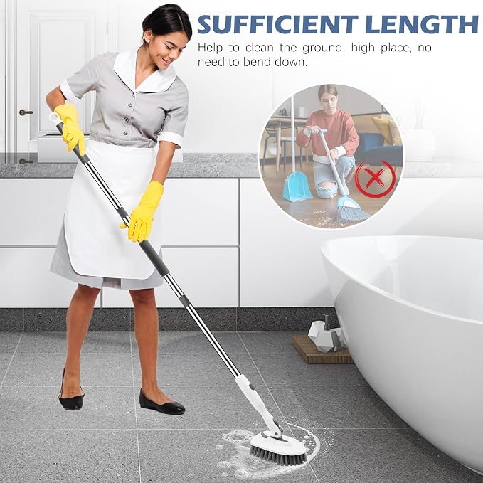 SetSail Tile Tub Floor Scrubber with V-Shaped Grout Brush, White Grey | with 3 Detachable Replacement Brush Head, Multi-Angle Cleaning Locks at 45°, 90°, 180° for Bathroom Kitchen Walls Tub Tile