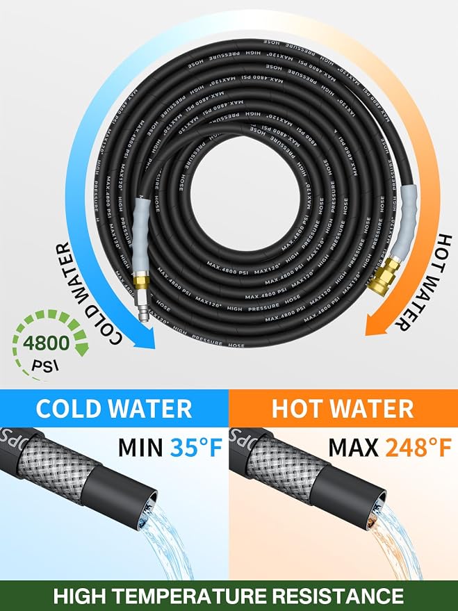 3/8" 4800PSI Pressure Washer Hose 25FT with Swivel Quick Connect for Cold/Hot Water Max 248°F, Kink Resistant Steel Wire Braided, Wear Resistant Power Washer Hose with M22 14mm Adapter