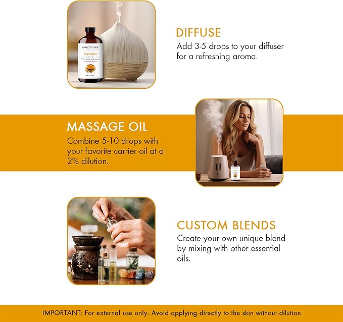 Majestic Pure Turmeric Essential Oil for Diffuser - 4 Fl Oz | 100% Pure & Natural Essentials Oils Ideal for Humidifier, Air Freshening, Cleaning Home, Bath, Steam Inhalation and Massage