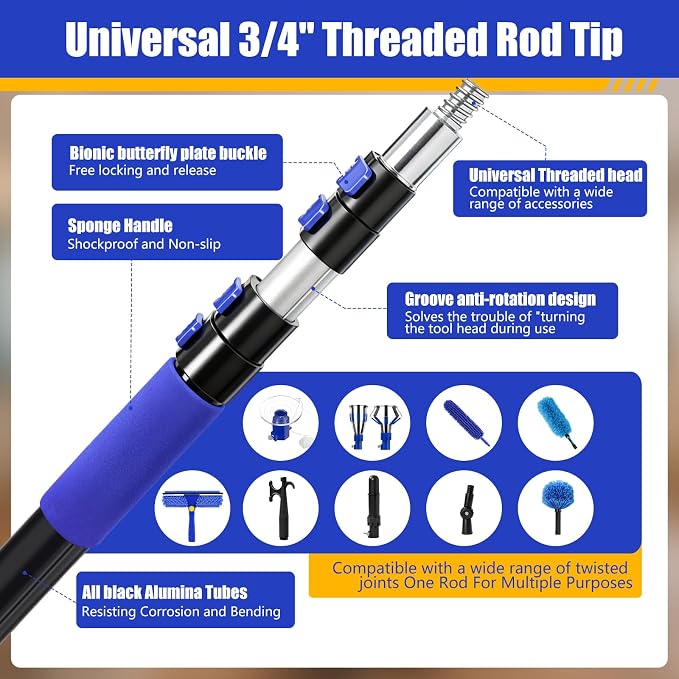 20FT Light Bulb Changer for High Ceilings Kit with Extension Pole Blue | Telescoping Lightbulb Changing Pole,Cobweb Brush Extendable Duster,Ceiling Fan Cleaner and Window Squeegee Cleaning