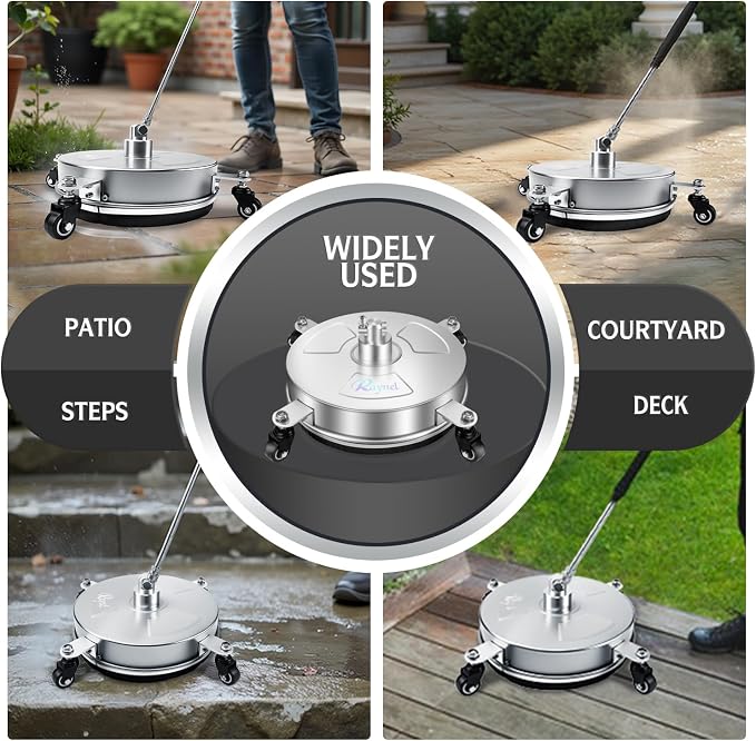 RAYNEL 14" Pressure Washer Surface Cleaner, Power Washer Accessory | Stainless Steel Housing With 4 Wheels And 1/4" Quick Plug, 2 Extension Wands & 2 Replacement Nozzles, Max 4000 PSI Pressure