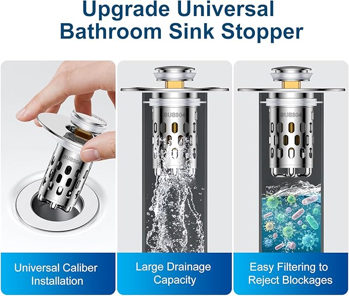 Bathroom Sink Drain Strainer,All Metal Pop-Up Sink Stopper with Removable Stainless Steel Filter Basket, Universal Bathroom Hair Catcher Fit for 1.1-2.36'' Drain (Silver, 1 Pack)