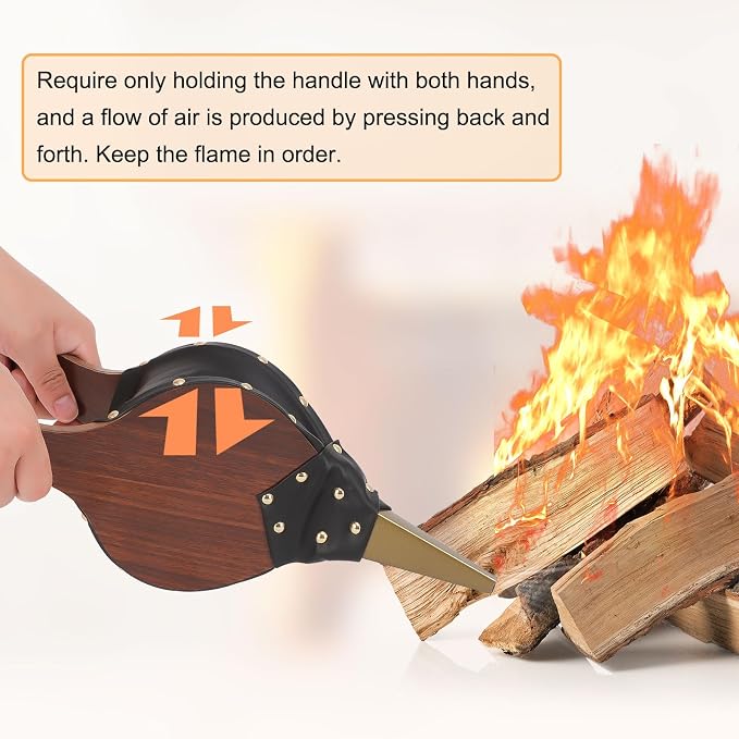 Gtongoko Fireplace Bellows Air Blower Cast Nozzle 14.8" x 5.6" for Outdoor Camping BBQ Grill Chimney Hand Bellow Pump Pit Barbeque Fire Tools Accessories with Hanging Strap, Brown