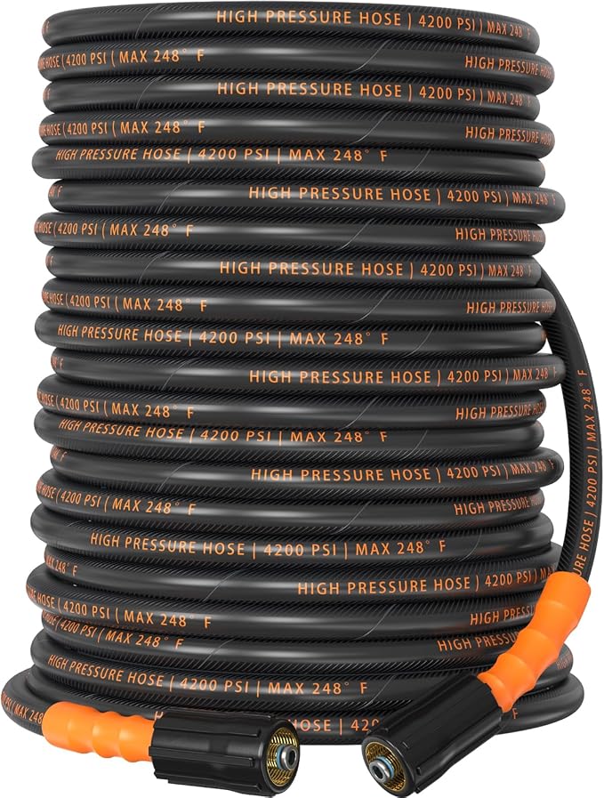 Pressure Washer Hose 100 ft, 4200 PSI Steel-Braided & Durable - Flexible & Kink-Resistant, Power Washer Hose with M22-14mm Stainless Steel Swivel Plug, Hot/Cold Water Compatible - Black