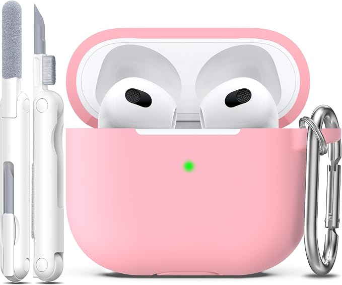R-fun Compatible with AirPods 3 Case Cover, Silicone Protective Accessories Skin with Keychain Compatible with Apple AirPod 3rd Generation 2021 for Women Men Girls Boys,Front LED Visible,Pink
