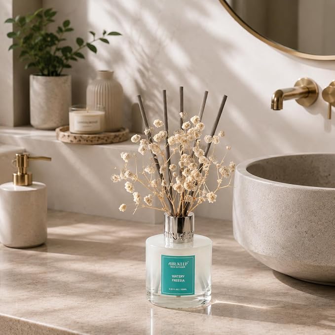 Reed Diffuser Set,3.38 fl oz (100 ml) - Watery Freesia Oil Diffusers with 8 Reed Sticks, Home Fragrance Reed Diffuser for Bathroom Shelf Decor