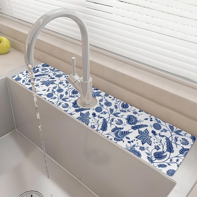 24" X 5.5" Kitchen Sink Splash Guard Faucet Mat Flora Super Absorbent Fast Drying Faucet Guard & Draining Mat Sink Splash Guard Behind Faucet for Kitchen, Bathroom