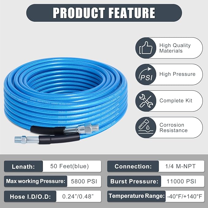 50FT Sewer Jetter Kit for Pressure Washer 5800PSI Drain Cleaner | 1/4" NPT Drain Cleaning Hose with 4 Jetting Nozzles, Handle Strap and Tools for Pressure Washer Cleaning
